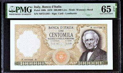 【Blue Auction】✨世界纸币精拍第459期——周日畅拍场 - 意大利 1970年10万里拉 曼左尼 顶级人像雕刻 PMG65EPQ 