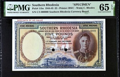 【Blue Auction】✨世界纸币精拍第459期——周日畅拍场 -   【唯一冠军分罕见样钞】南罗德西亚 1944-45年5镑 BWC出品 雕刻精美 大瀑布 英王乔六 PMG65EPQ 