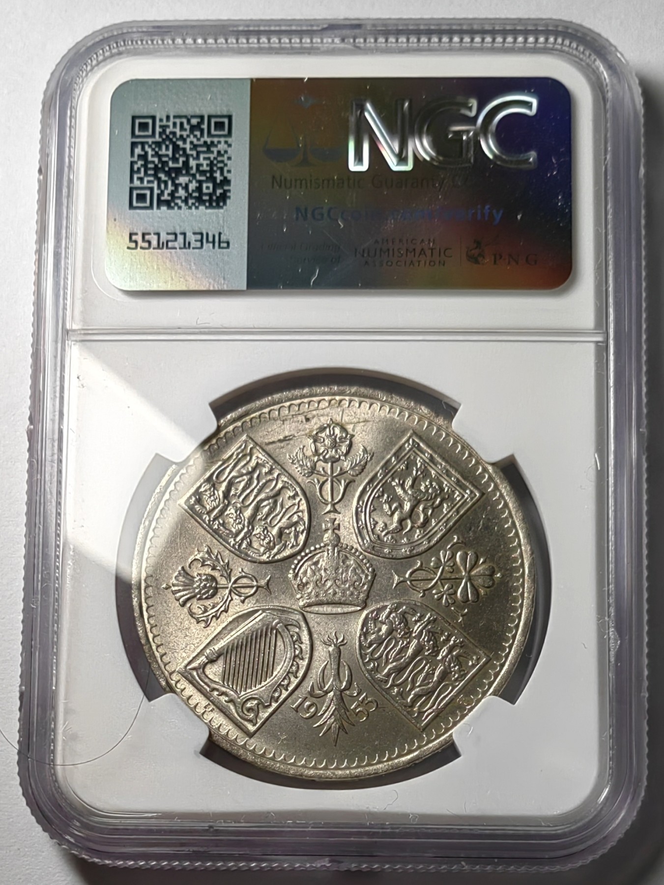 🌿物与斋第七场｜觞咏三春2-世界钱币专场 NGC MS64 ERROR？英国1953年伊丽莎白二世登基纪念克朗，背面疑似lamination或struck thru，同批提交普通评级故无标注