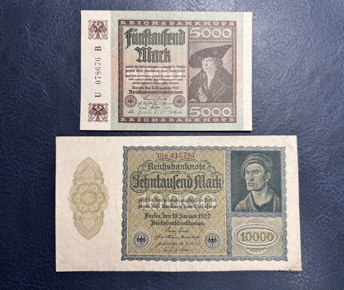 收藏联盟Quantum Auction 第336期拍卖  德国1922年5000和10000马克 品相分别为AU和XF 