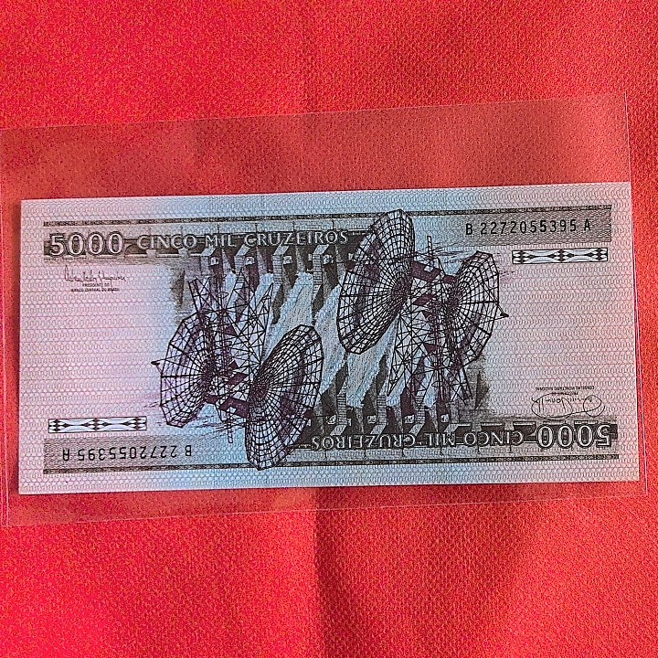 巴西1985年5000克鲁塞罗 无4 P-202d 签名22 美洲纸币 实物图 UNC