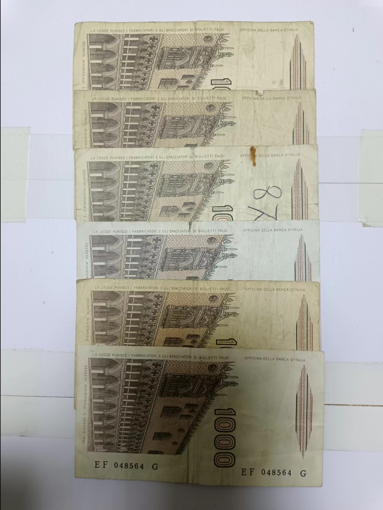 【20240410】非全新纸币第128场 意大利1000里拉6张纸币，有裂缝和字迹