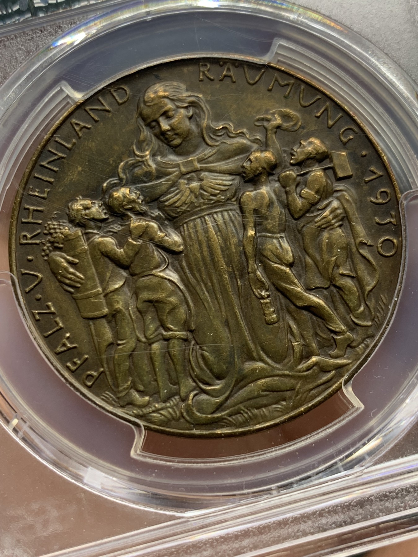 《竞宝斋》第256场-周日，周一 2场连拍 (全场包邮) PCGS SP63 卡尔歌茨设计1930年莱茵河神铜章，铜章比银章少见，此枚亚军分，非常值得收藏