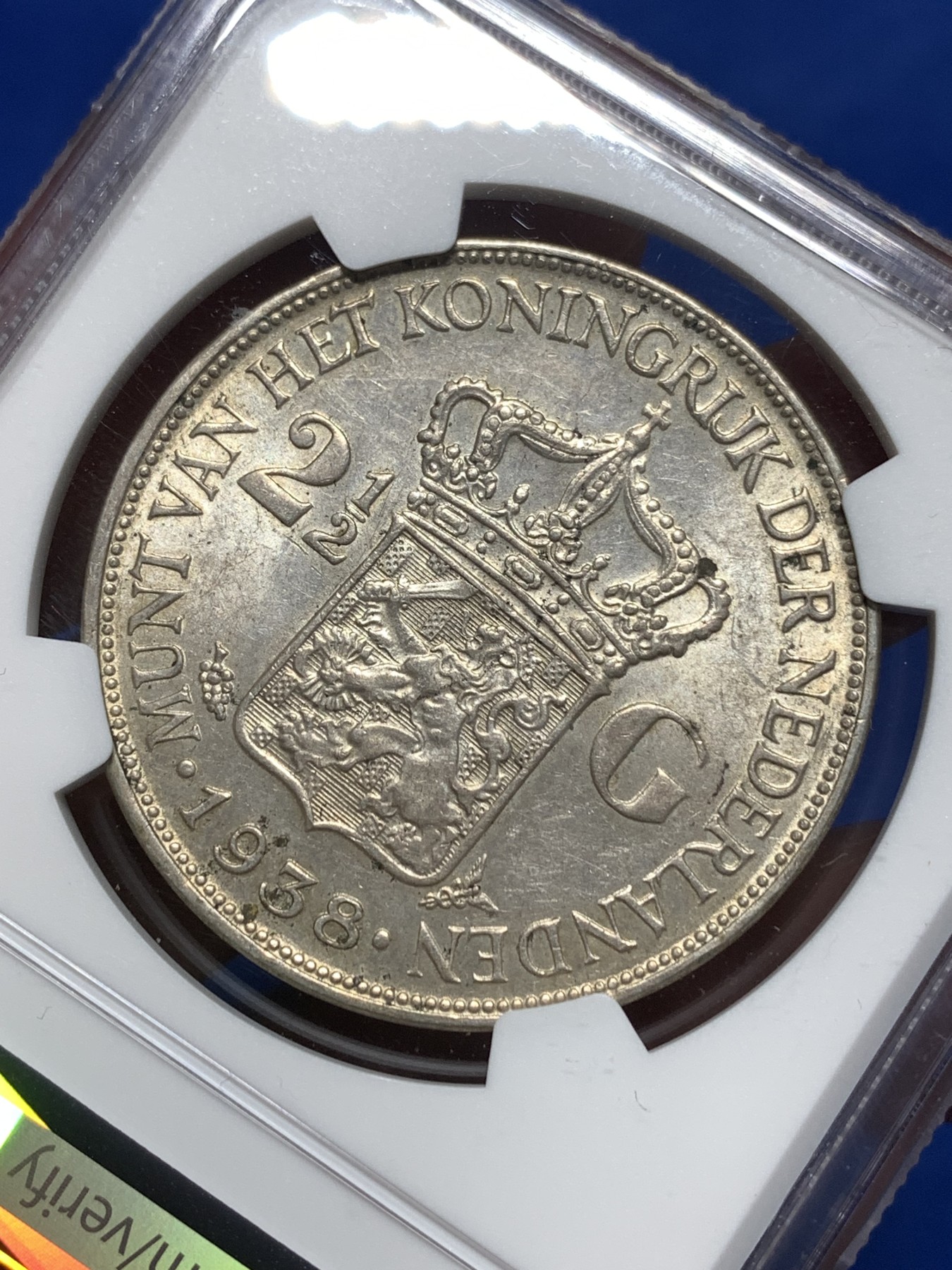 《竞宝斋》第256场-周日，周一 2场连拍 (全场包邮) NGC AU58 荷兰1938年威廉明娜女王2.5盾银币