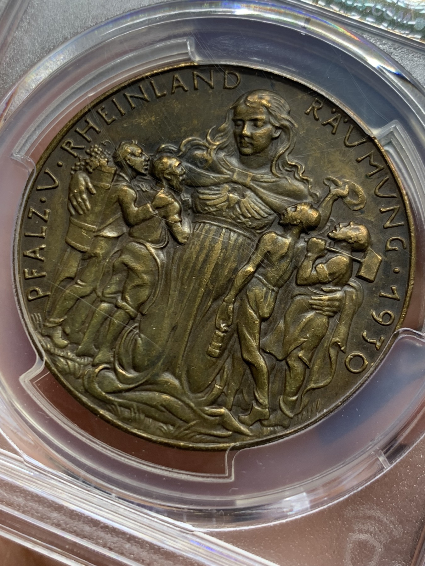 《竞宝斋》第256场-周日，周一 2场连拍 (全场包邮) PCGS SP63 卡尔歌茨设计1930年莱茵河神铜章，铜章比银章少见，此枚亚军分，非常值得收藏