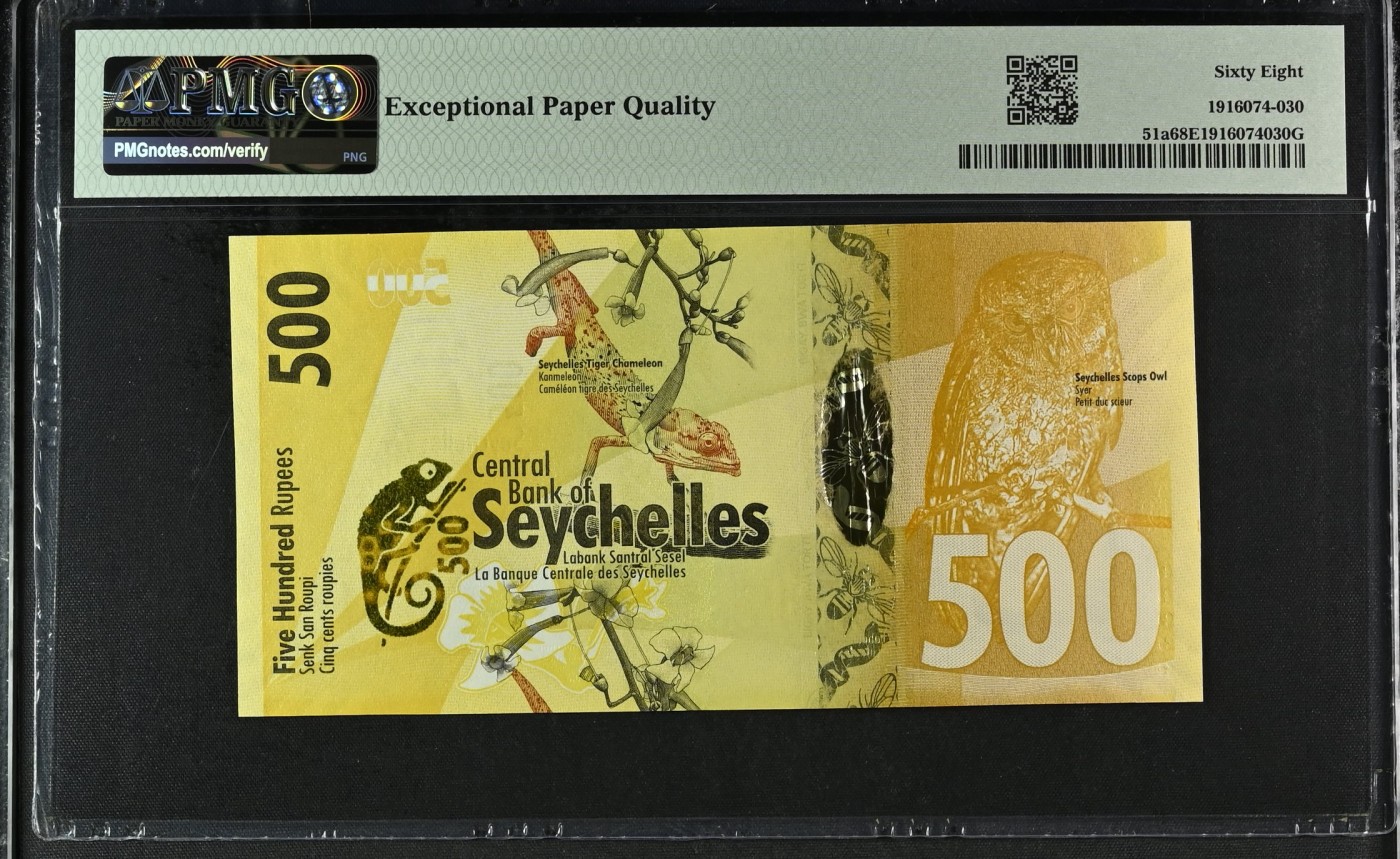 收藏联盟Quantum Auction 第337期拍卖  塞舌尔中央银行2016年500卢比 PMG68 冠军分 塞舌尔红隼