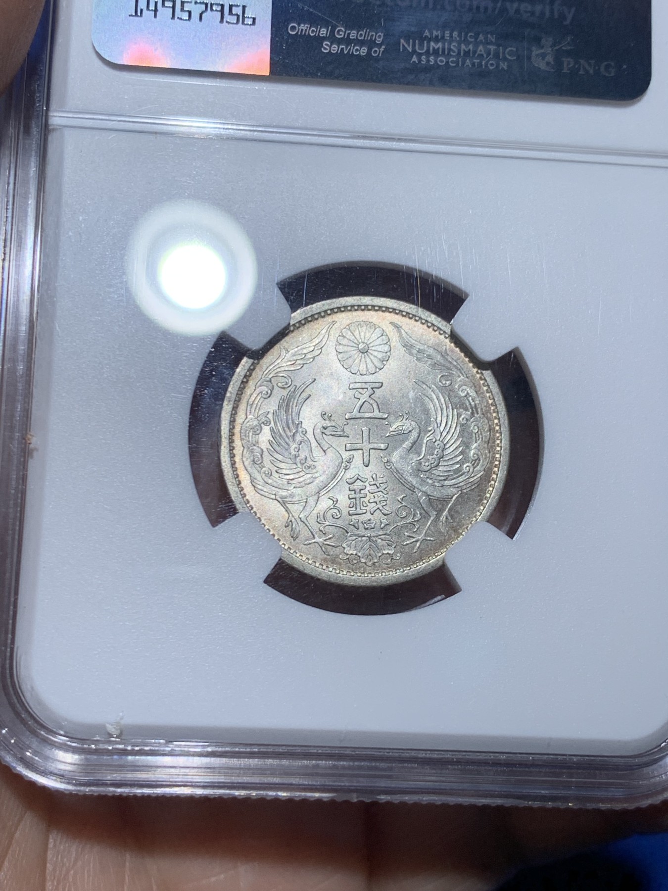 《竞宝斋》第256场-周日，周一 2场连拍 (全场包邮) NGC MS65 日本双凤银币 较少年份 淡环彩