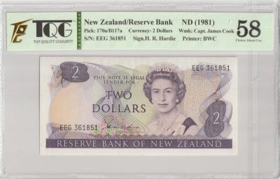 PThappally收藏第28次拍卖，英联邦地区硬币纸币 - NEW ZEALAND, Reserve Bank of New Zealand 1981 2 Dollars Pick 170a S/N. EEG 36185,  TQG 58 aUNC