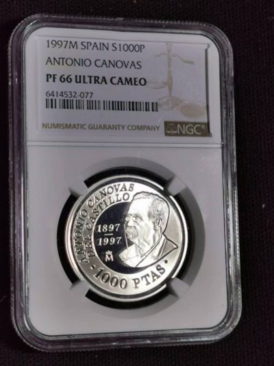 刘世昌艺术品销售中心～虎踞龙蟠*金杨在线联拍群第509期 -  西班牙1997年安东尼奥100周年1000比塞塔精制银币（NGC PF66UC 串号：6414532-077）1枚，原盒证。