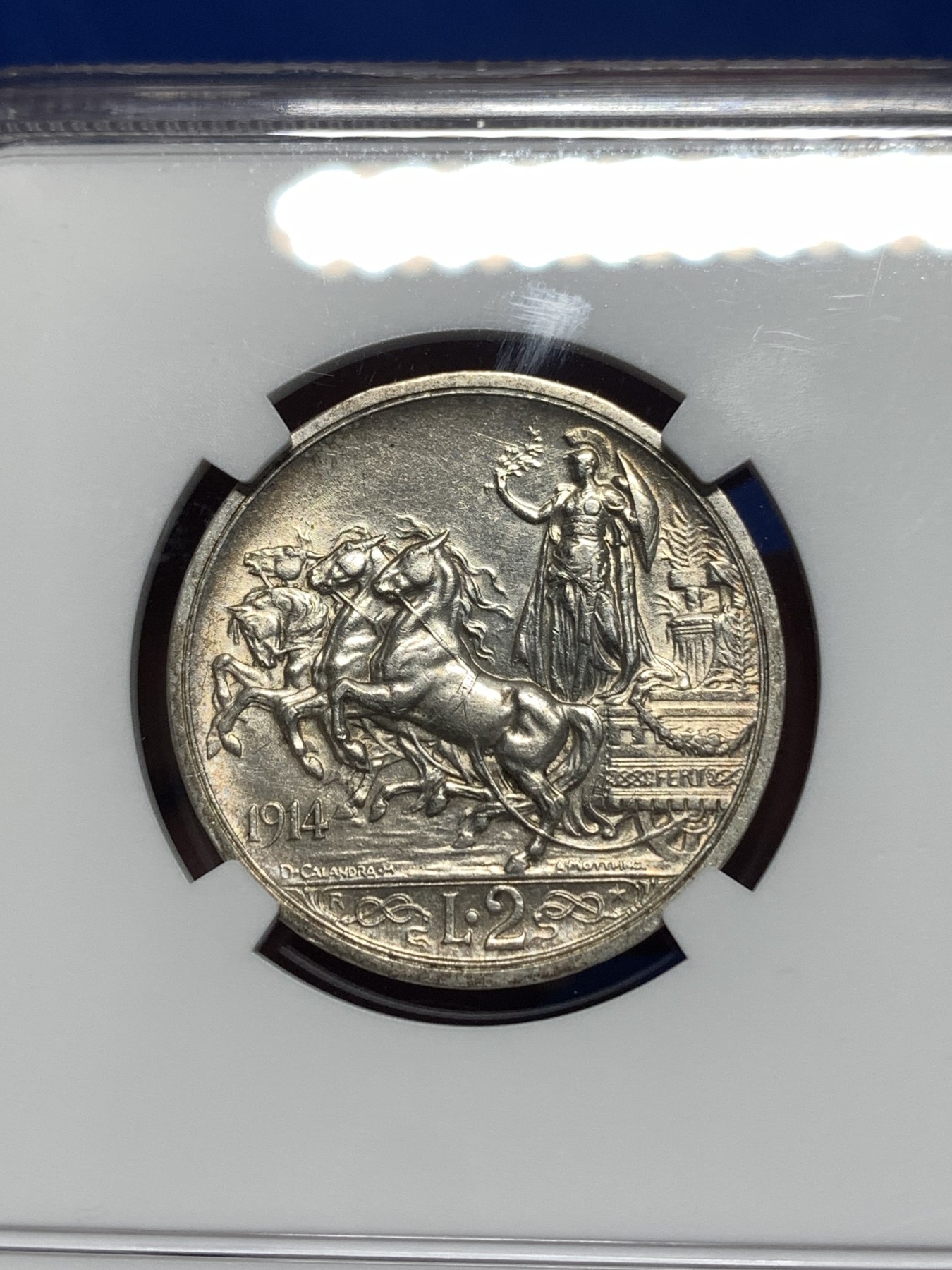 《竞宝斋》第256场-周日，周一 2场连拍 (全场包邮) NGC AU58 意大利1914年马车2里拉银币