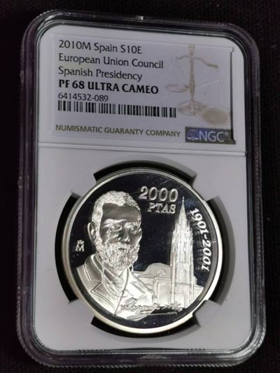 刘世昌艺术品销售中心～虎踞龙蟠*金杨在线联拍群第510期 - 西班牙2010年欧盟轮值主席国10欧精制纪念银币（NGC PF68UC 串号：6414532-089）1枚。