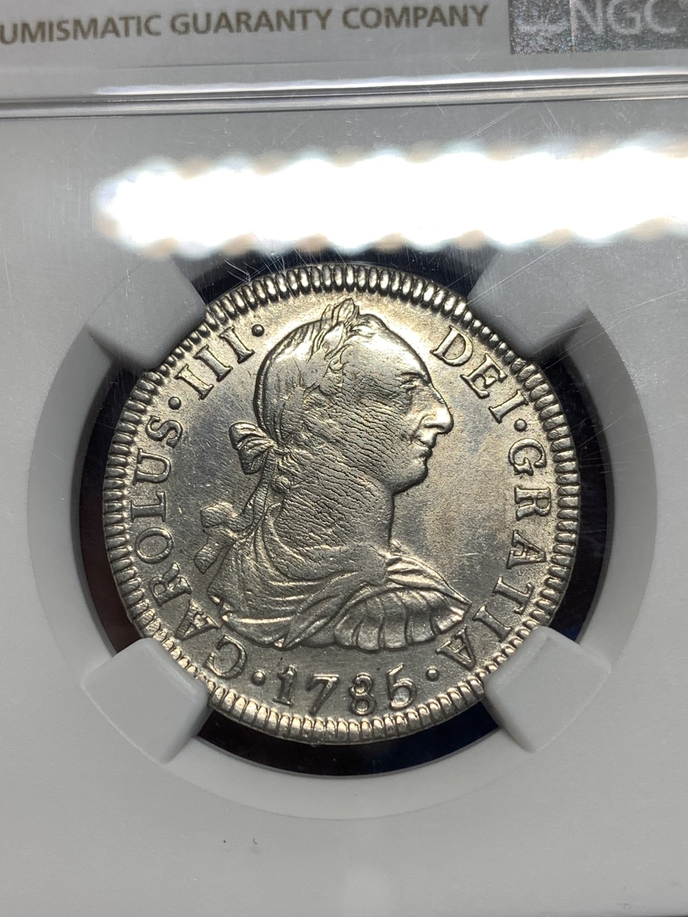 《竞宝斋》第256场-周日，周一 2场连拍 (全场包邮) NGC UNC 西属墨西哥1785卡洛斯三世2里亚尔银币