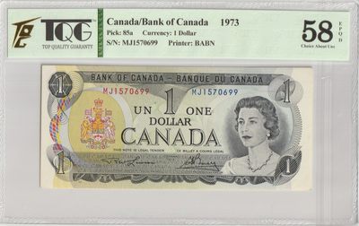 PThappally收藏第28次拍卖，英联邦地区硬币纸币 - Canada - Bank of Canada 1973 1 Dollar, Pick 85a, TQG 58 EPQD aUNC S/N MJ 1570699