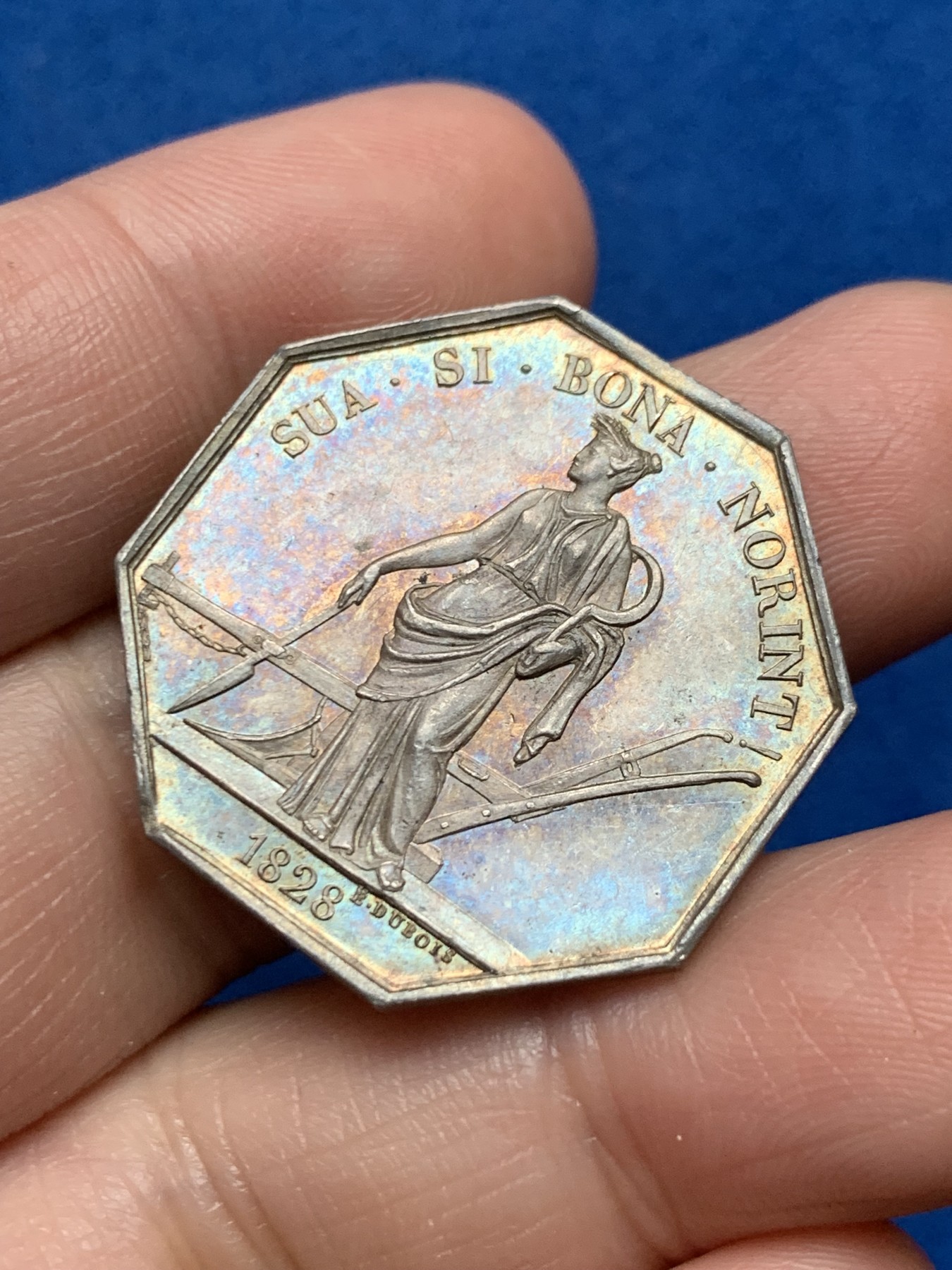 《竞宝斋》第256场-周日，周一 2场连拍 (全场包邮) 法国卢瓦尔农业、园艺、渔业、狩猎和皇家农业学会八角银质代币 10.3g 30mm 早期无边铭 黄油底光