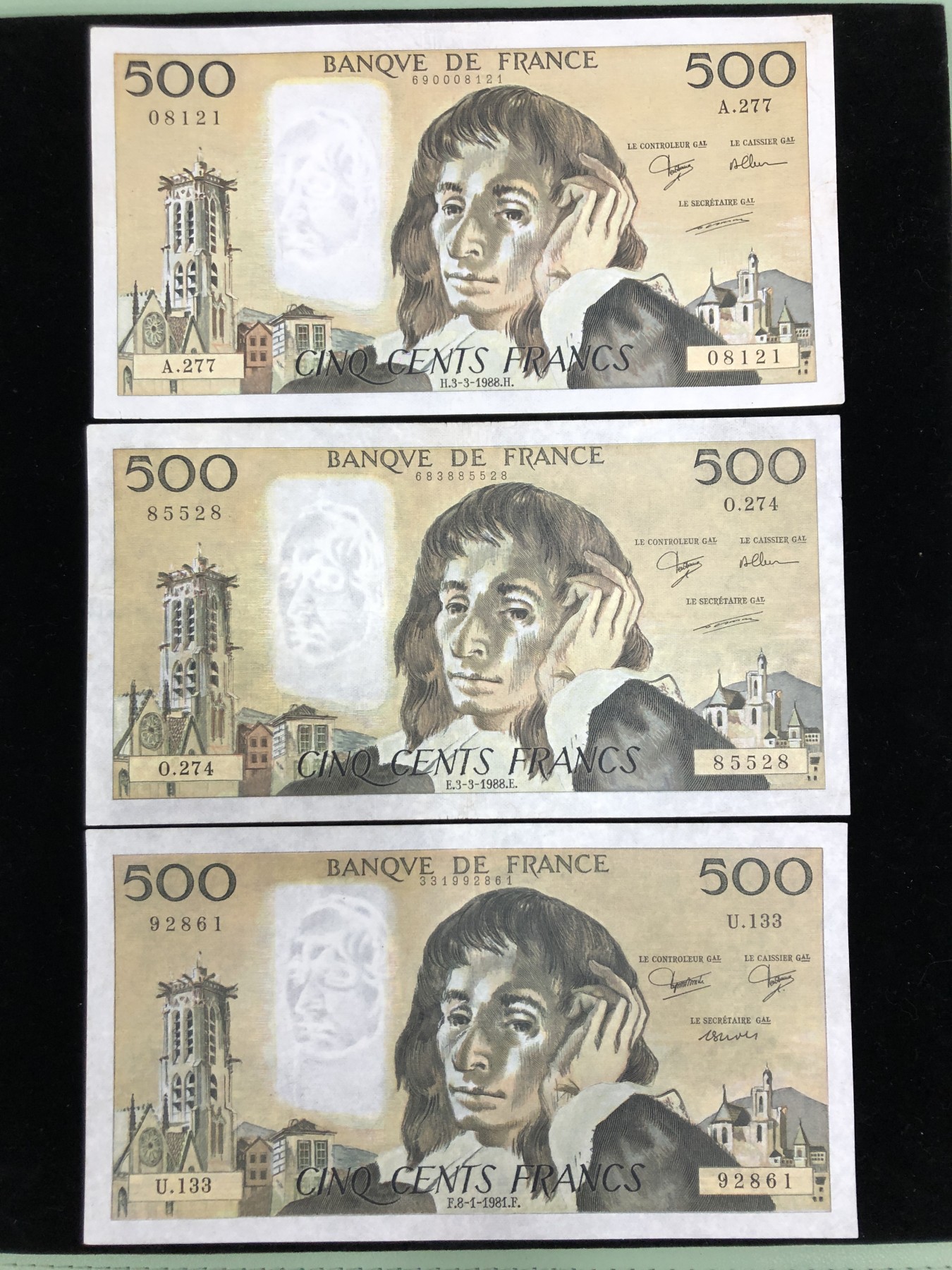 世界外币 1988年，法国500法郎，帕斯卡肖像纸币，中上品