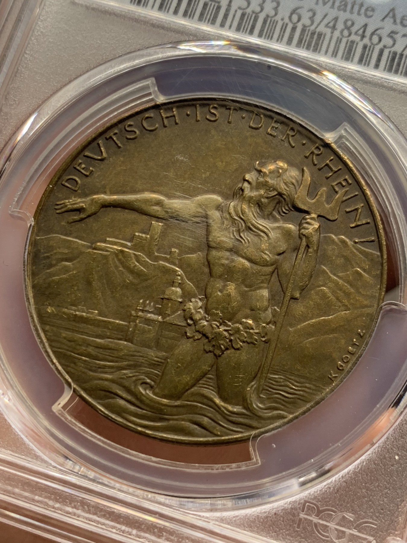《竞宝斋》第256场-周日，周一 2场连拍 (全场包邮) PCGS SP63 卡尔歌茨设计1930年莱茵河神铜章，铜章比银章少见，此枚亚军分，非常值得收藏