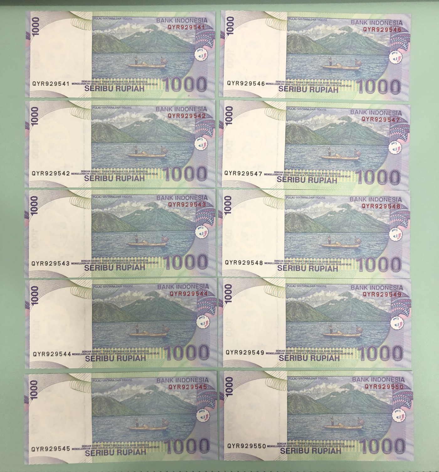 世界外币 2008年，印度尼西亚1000卢比纸币，10张连号，全新UNC品相