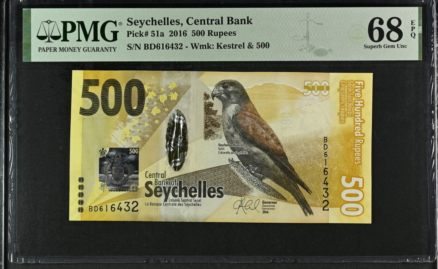 收藏联盟Quantum Auction 第337期拍卖  塞舌尔中央银行2016年500卢比 PMG68 冠军分 塞舌尔红隼