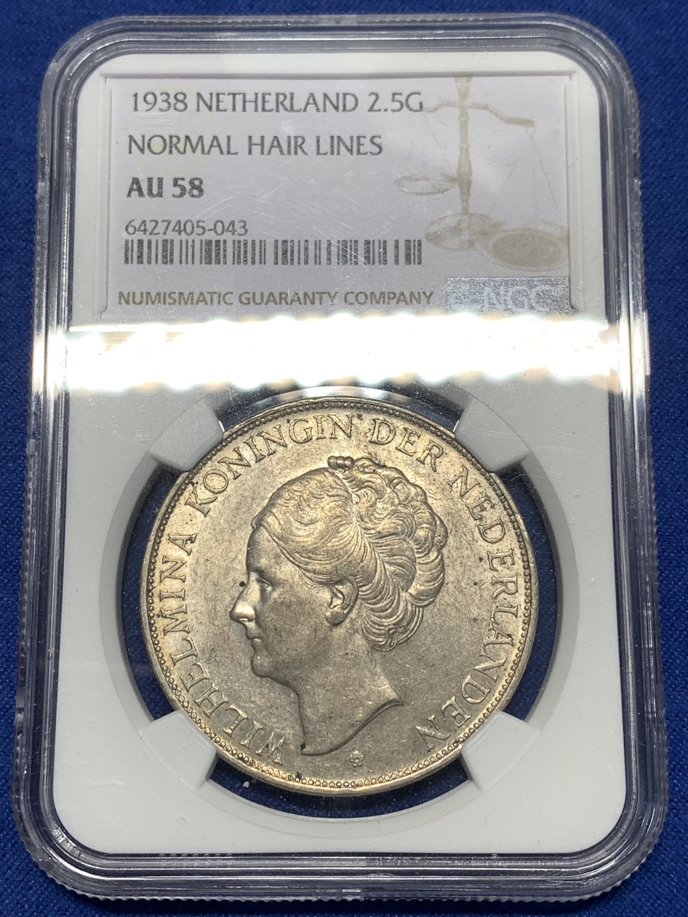 《竞宝斋》第256场-周日，周一 2场连拍 (全场包邮) NGC AU58 荷兰1938年威廉明娜女王2.5盾银币