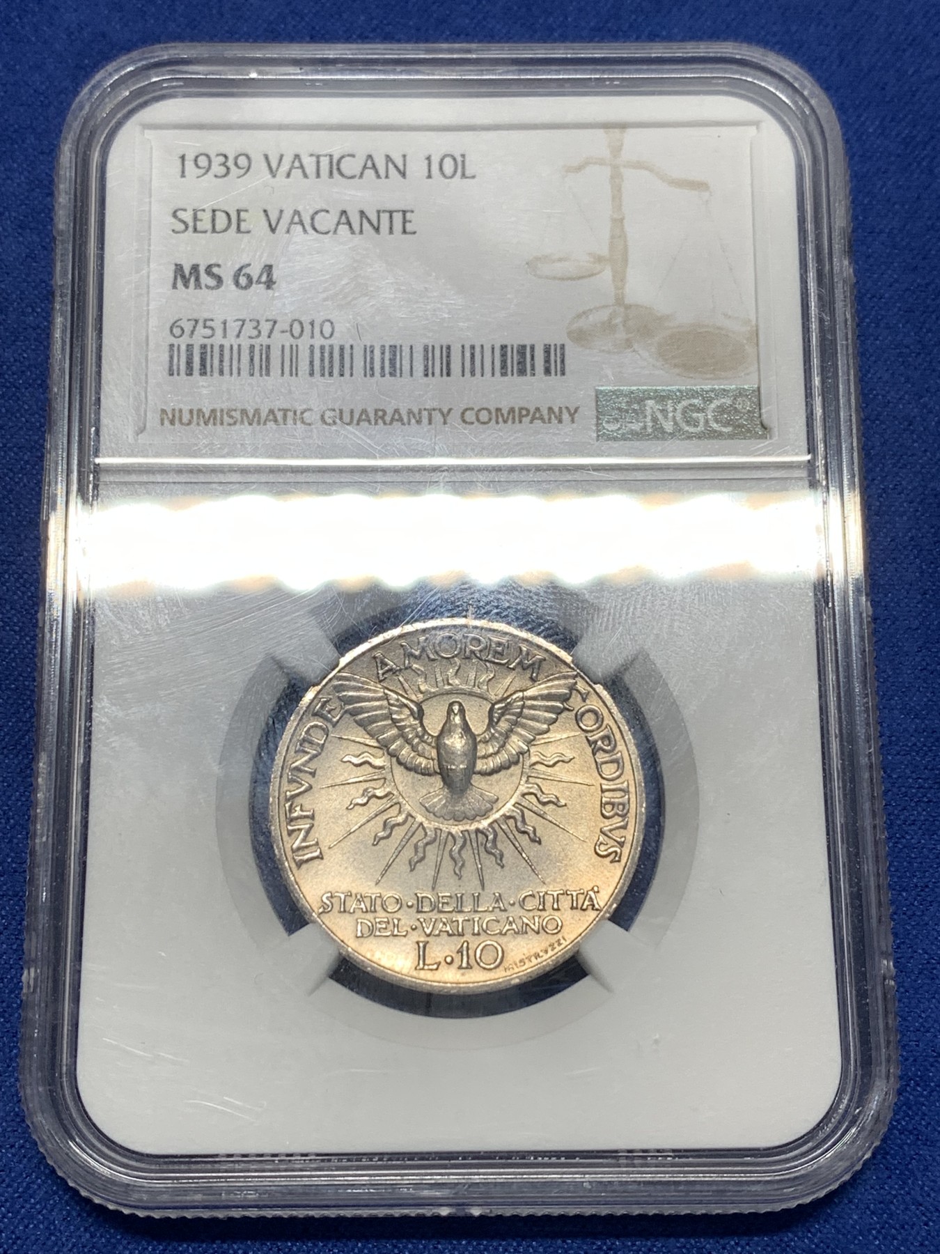 《竞宝斋》第256场-周日，周一 2场连拍 (全场包邮) NGC MS64 梵蒂冈 1939年 教皇缺位 圣灵鸟 10里拉 银币 少见品种