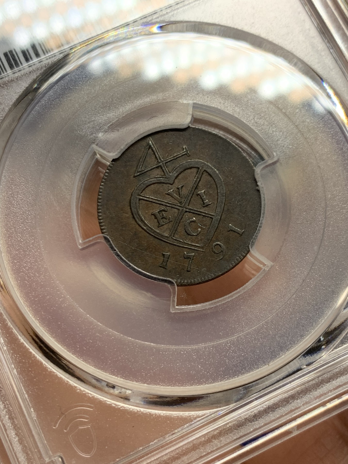 《竞宝斋》第256场-周日，周一 2场连拍 (全场包邮) PCGS AU50 季军分 1791年英属东印度1/2P天秤铜币，早期东印度品种，充分流通，好品非常少见，pc仅2枚更高分。N盒同分HA拍卖600+成交