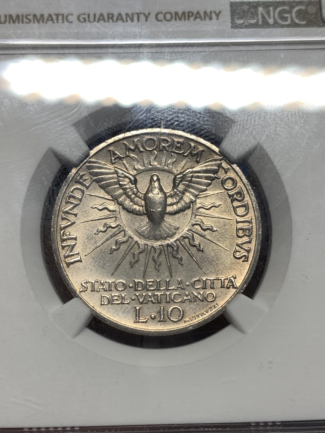 《竞宝斋》第256场-周日，周一 2场连拍 (全场包邮) NGC MS64 梵蒂冈 1939年 教皇缺位 圣灵鸟 10里拉 银币 少见品种