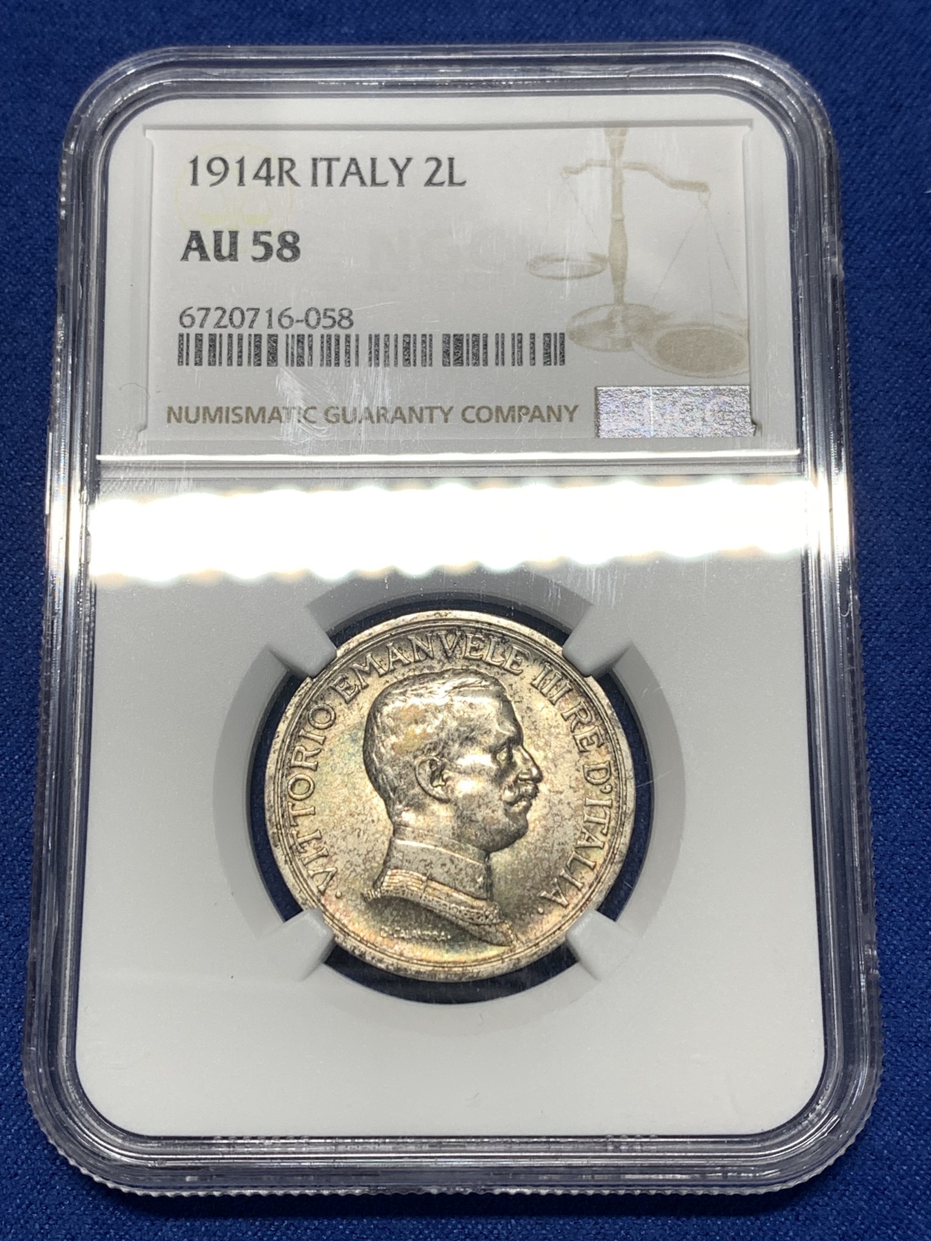 《竞宝斋》第256场-周日，周一 2场连拍 (全场包邮) NGC AU58 意大利1914年马车2里拉银币