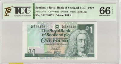 PThappally收藏第28次拍卖，英联邦地区硬币纸币 - SCOTLAND, Royal Bank of Scotland Ltd. 1999 1 Pound, Sign. George, Pick 351 S/N. C/82 539179- TQG66 GEPQ Gem UNC
