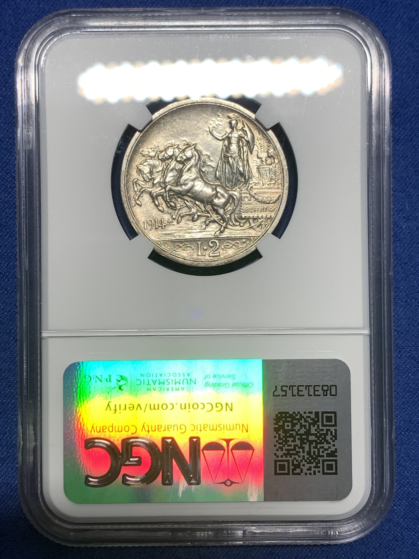 《竞宝斋》第256场-周日，周一 2场连拍 (全场包邮) NGC AU58 意大利1914年马车2里拉银币