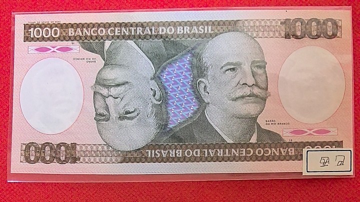 巴西1986年1000克鲁塞罗 无47 P-201d 签名22 美洲纸币 实物图 UNC