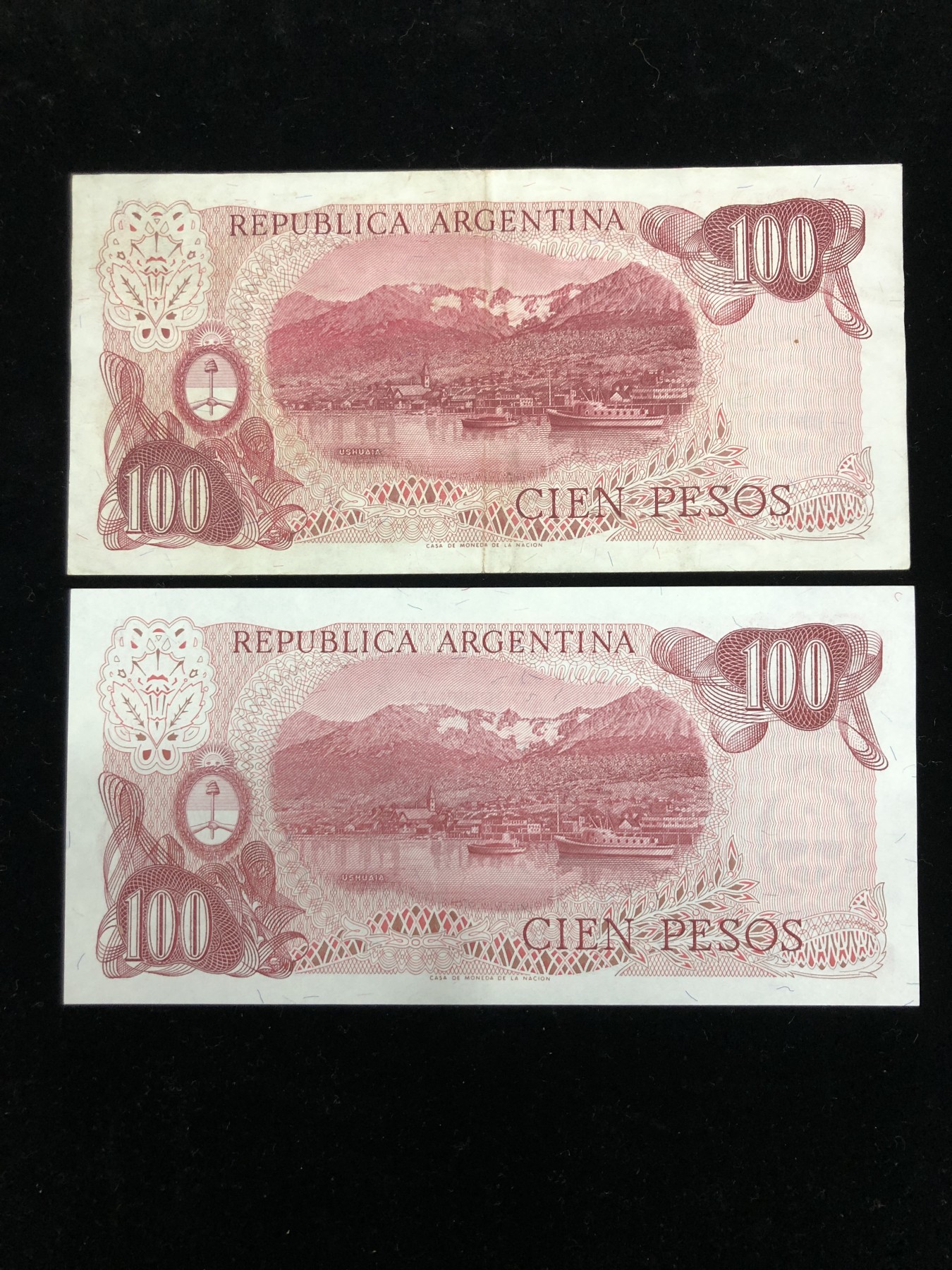 世界外币 1973年，阿根廷100彼索纸币，尾456全新UNC，尾691轻微流通