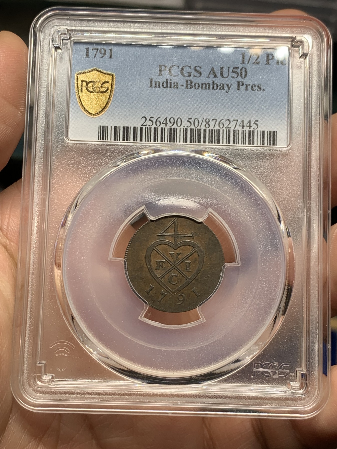 《竞宝斋》第256场-周日，周一 2场连拍 (全场包邮) PCGS AU50 季军分 1791年英属东印度1/2P天秤铜币，早期东印度品种，充分流通，好品非常少见，pc仅2枚更高分。N盒同分HA拍卖600+成交