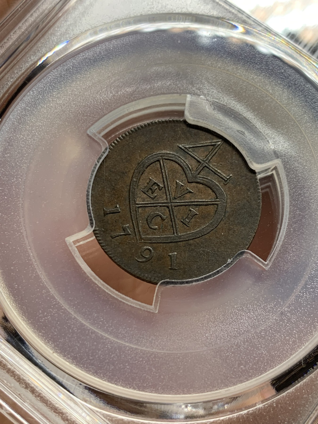 《竞宝斋》第256场-周日，周一 2场连拍 (全场包邮) PCGS AU50 季军分 1791年英属东印度1/2P天秤铜币，早期东印度品种，充分流通，好品非常少见，pc仅2枚更高分。N盒同分HA拍卖600+成交