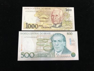 世界外币 - 1986年巴西500克鲁塞罗纸币；1990年巴西500克鲁塞罗纸币，两张全新直板UNC品