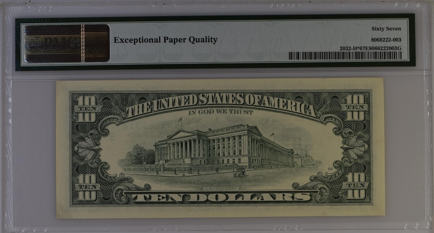 收藏联盟Quantum Auction 第337期拍卖  美国联邦储备1995年10元星补号 PMG67 号码无347 仅一张更高分