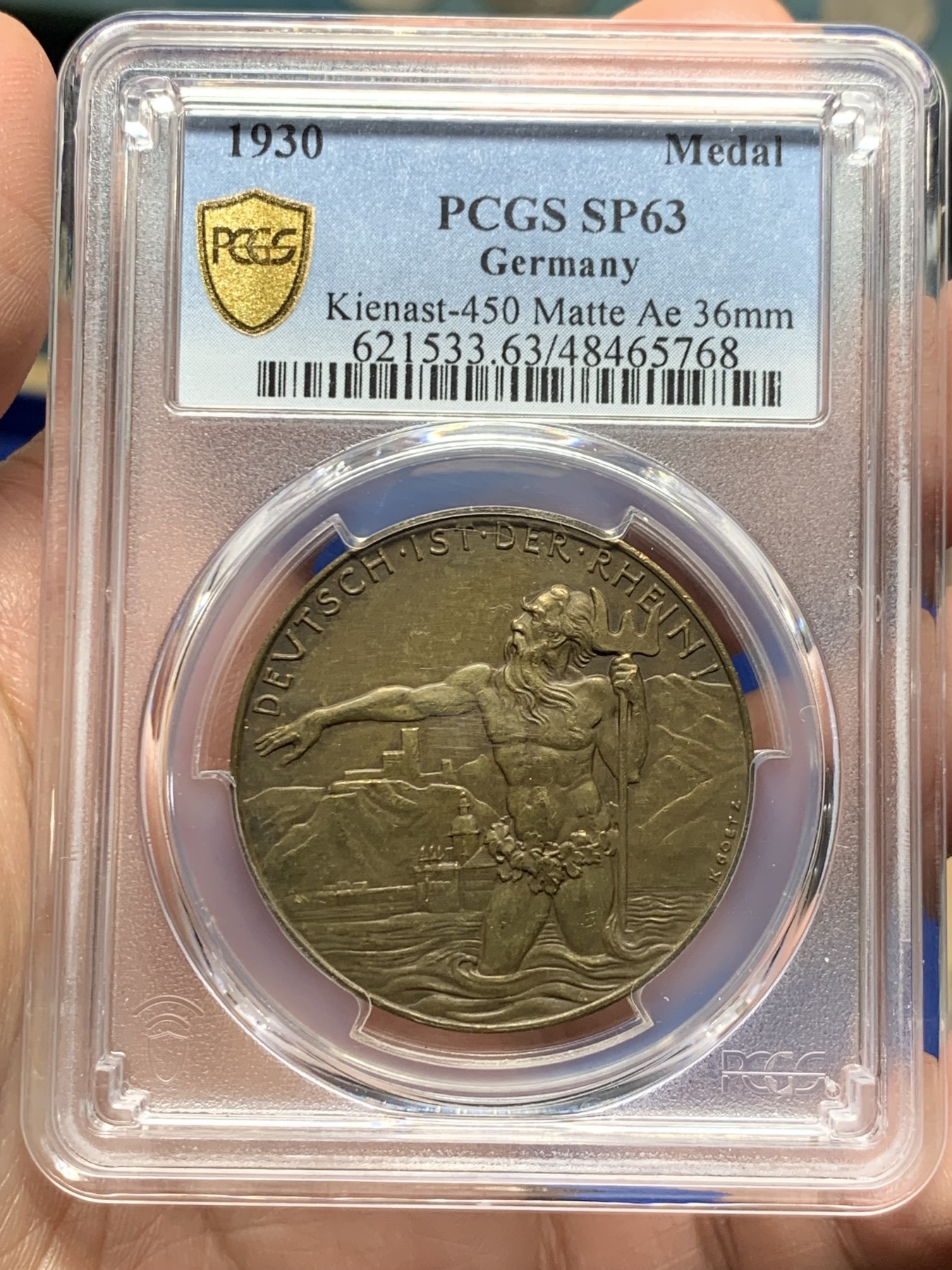 《竞宝斋》第256场-周日，周一 2场连拍 (全场包邮) PCGS SP63 卡尔歌茨设计1930年莱茵河神铜章，铜章比银章少见，此枚亚军分，非常值得收藏