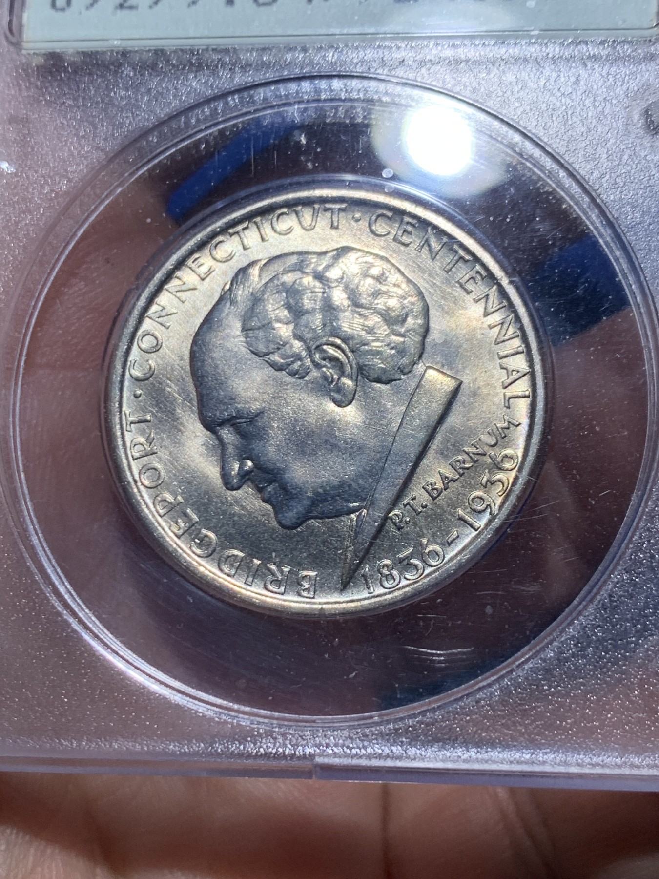 《竞宝斋》第257场-周日，周一 2场连拍 (全场包邮) PCGS MS64 美国 1936年 布里奇波特 50美分 银币 少见品种 PC一代盒 摇摇乐会响的 低评状态