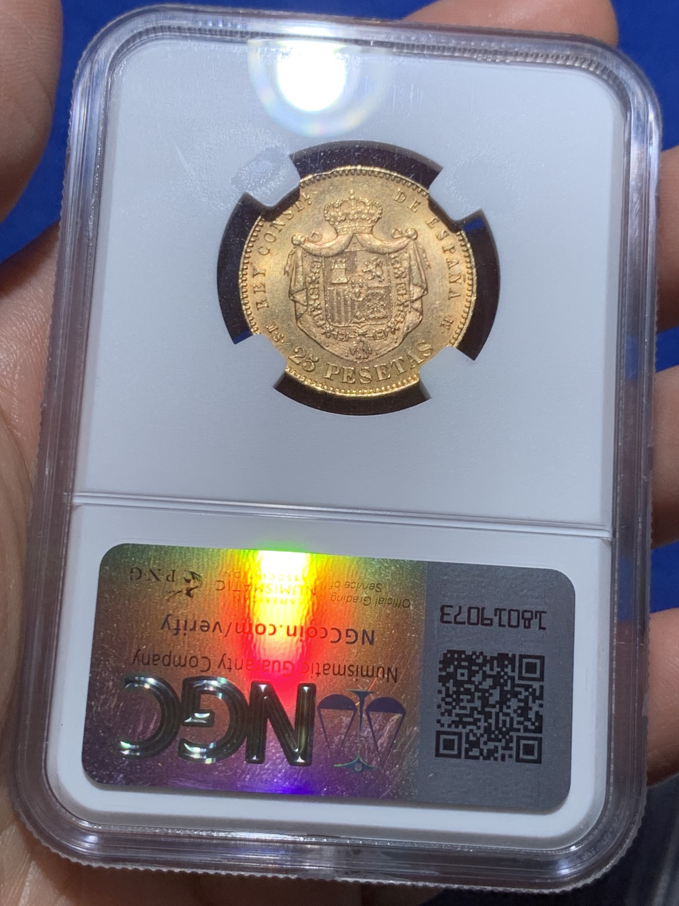 《竞宝斋》第257场-周日，周一 2场连拍 (全场包邮) NGC UNC 西班牙 1880年 阿方索十二世 25比塞塔 金币 状态不错 细节见图