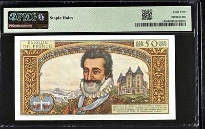 【Blue Auction】✨世界纸币精拍第460期【精】 【首年】法国 1959年50新法郎 亨利四世 设计精美 色彩艳丽 PMG64 顶级品相