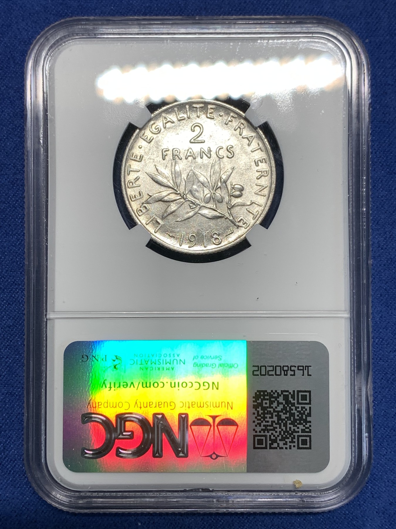 《竞宝斋》第257场-周日，周一 2场连拍 (全场包邮) NGC MS61 法国1918年播种女神2法郎银币