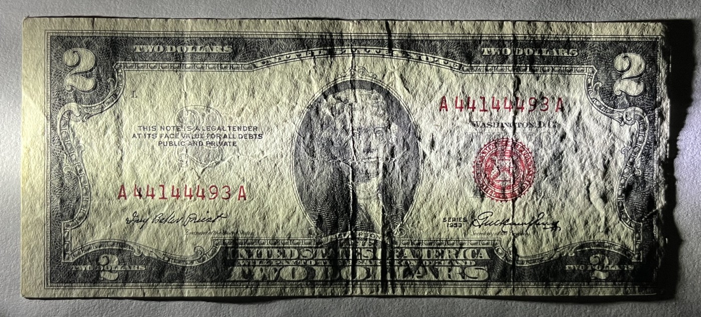 Chase Auction 第27期 - - 外钞、民国钞和人民币混合场！ 1953年正版 2美元 政府券 United States Note 红色号码 AA冠首发