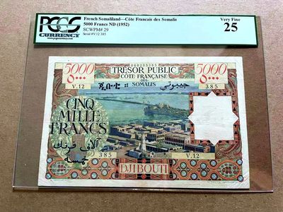 【Blue Auction】✨世界纸币精拍第460期【精】 【Rare in any grade 无47】法属索马里兰 1952年5000法郎高值 海景 正反面均设计均十分漂亮 该品种非常少见 高分六位数起步 PCGS绿标25 