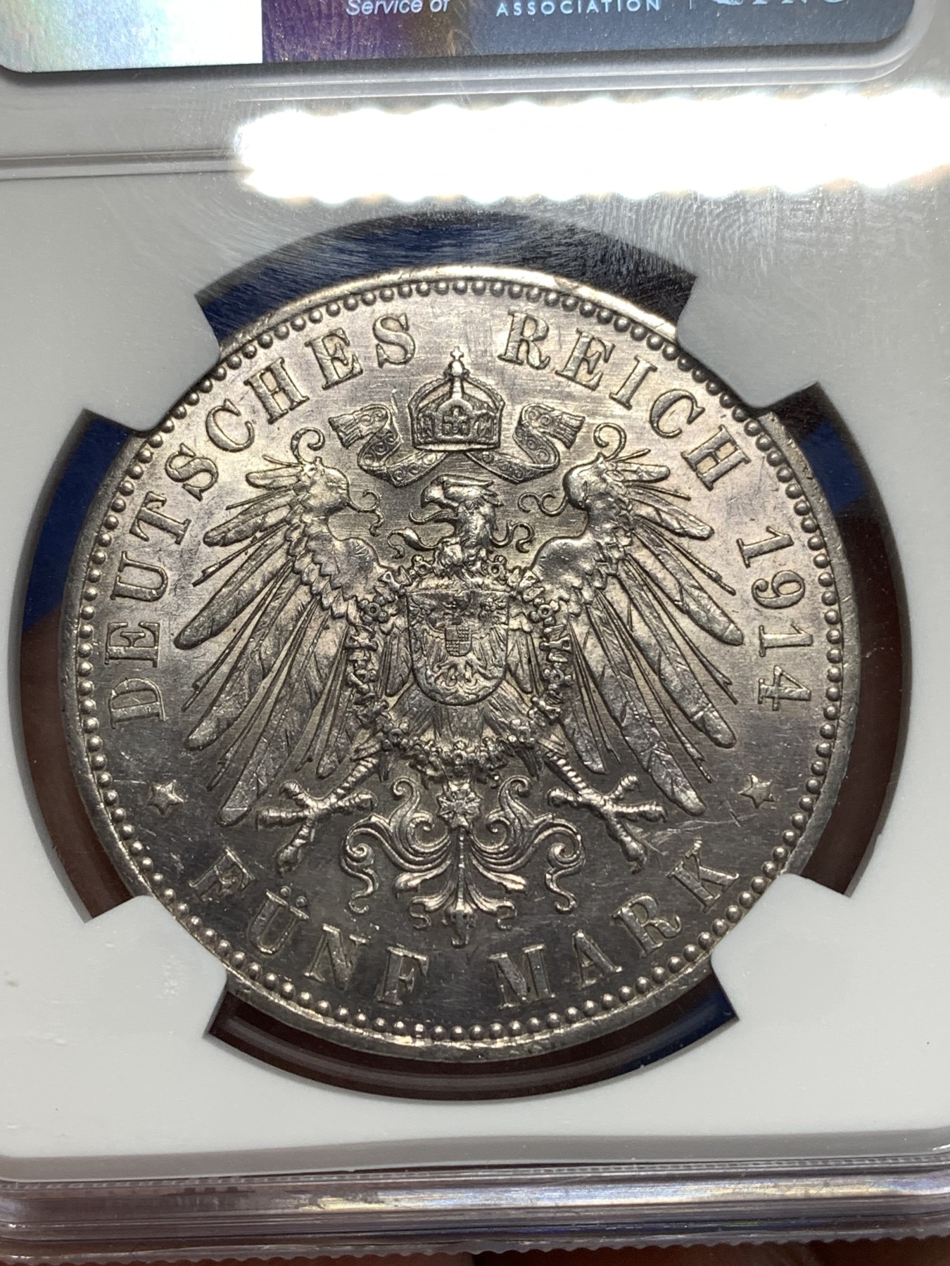 《竞宝斋》第257场-周日，周一 2场连拍 (全场包邮) NGC AU55 德国1914年普鲁士威二戎装版5马克银币