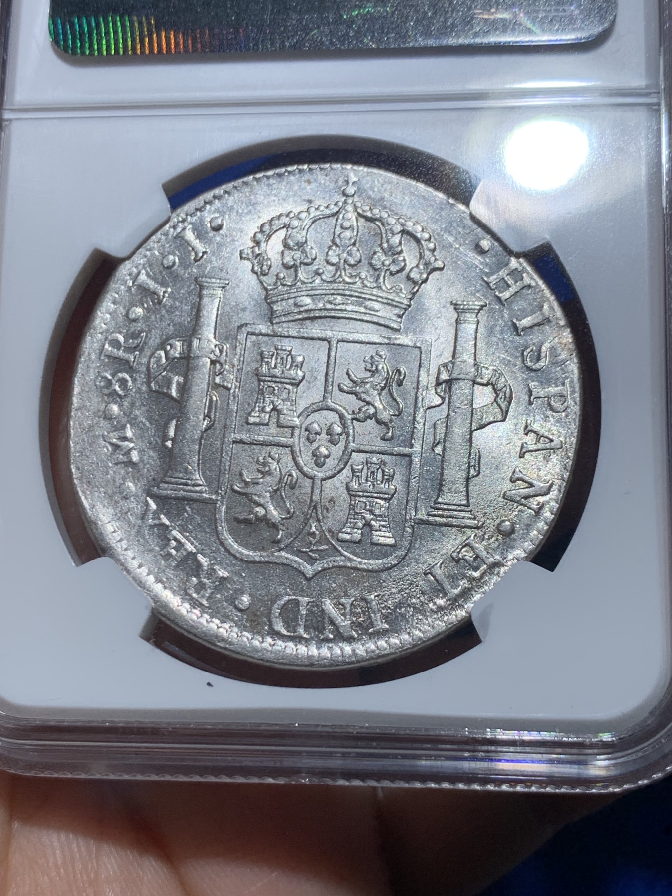 《竞宝斋》第257场-周日，周一 2场连拍 (全场包邮) NGC AU58 墨西哥1815年费迪南七世双柱银币