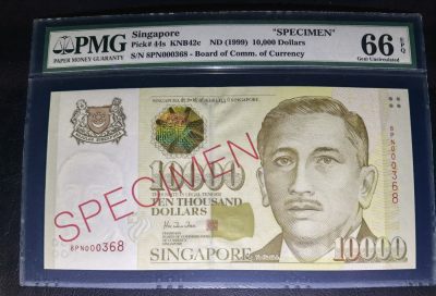 叁拾收藏第7期 - 新加坡人像10000元 样钞  无47 368号 PMG66分