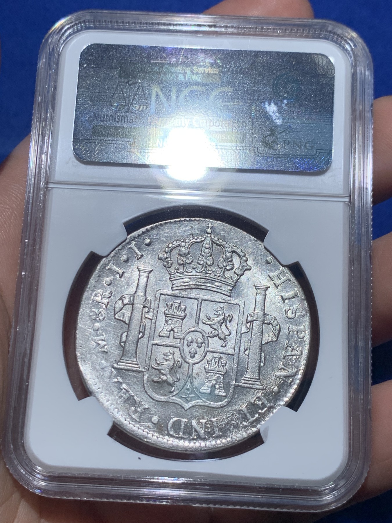 《竞宝斋》第257场-周日，周一 2场连拍 (全场包邮) NGC AU58 墨西哥1815年费迪南七世双柱银币