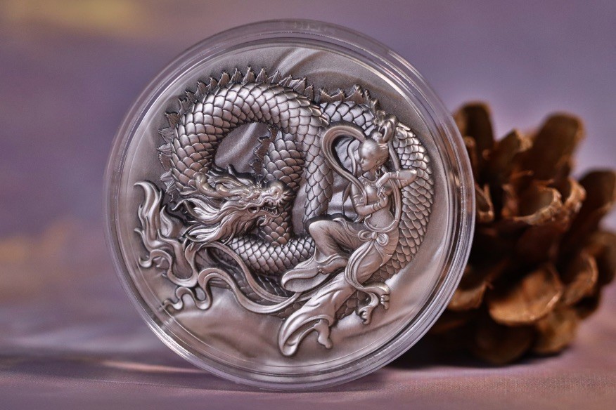 CSIS-GREAT评级精品钱币拍卖第二百四十一期 纽埃2024年甲辰生肖龙年敦煌飞天中国龙2OZ仿古彩色超高浮雕银币