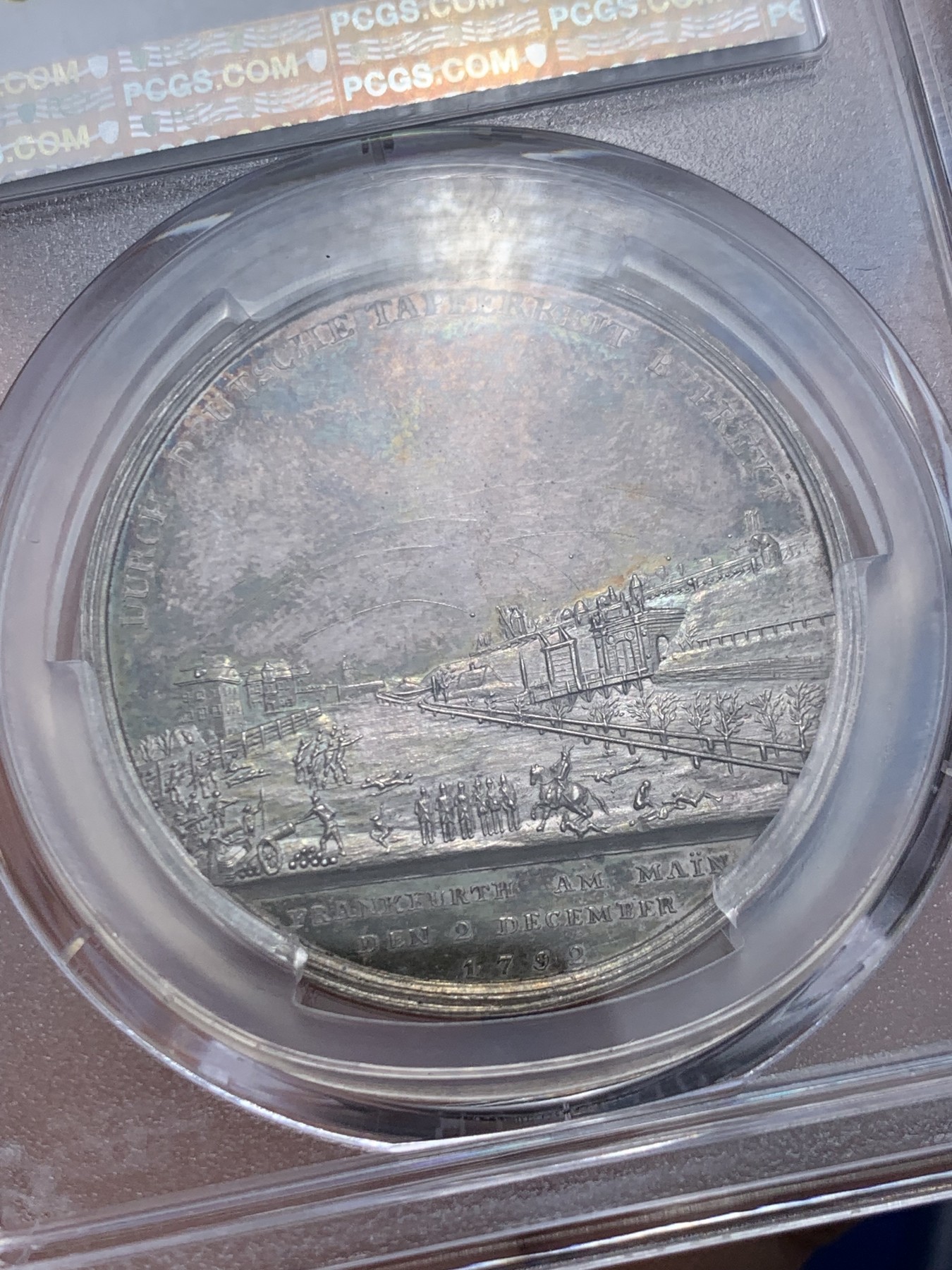《竞宝斋》第257场-周日，周一 2场连拍 (全场包邮) PCGS SP62 德国 1792 法兰克福 弗里德伯格门围城战役 纪念银章 细节景观精美