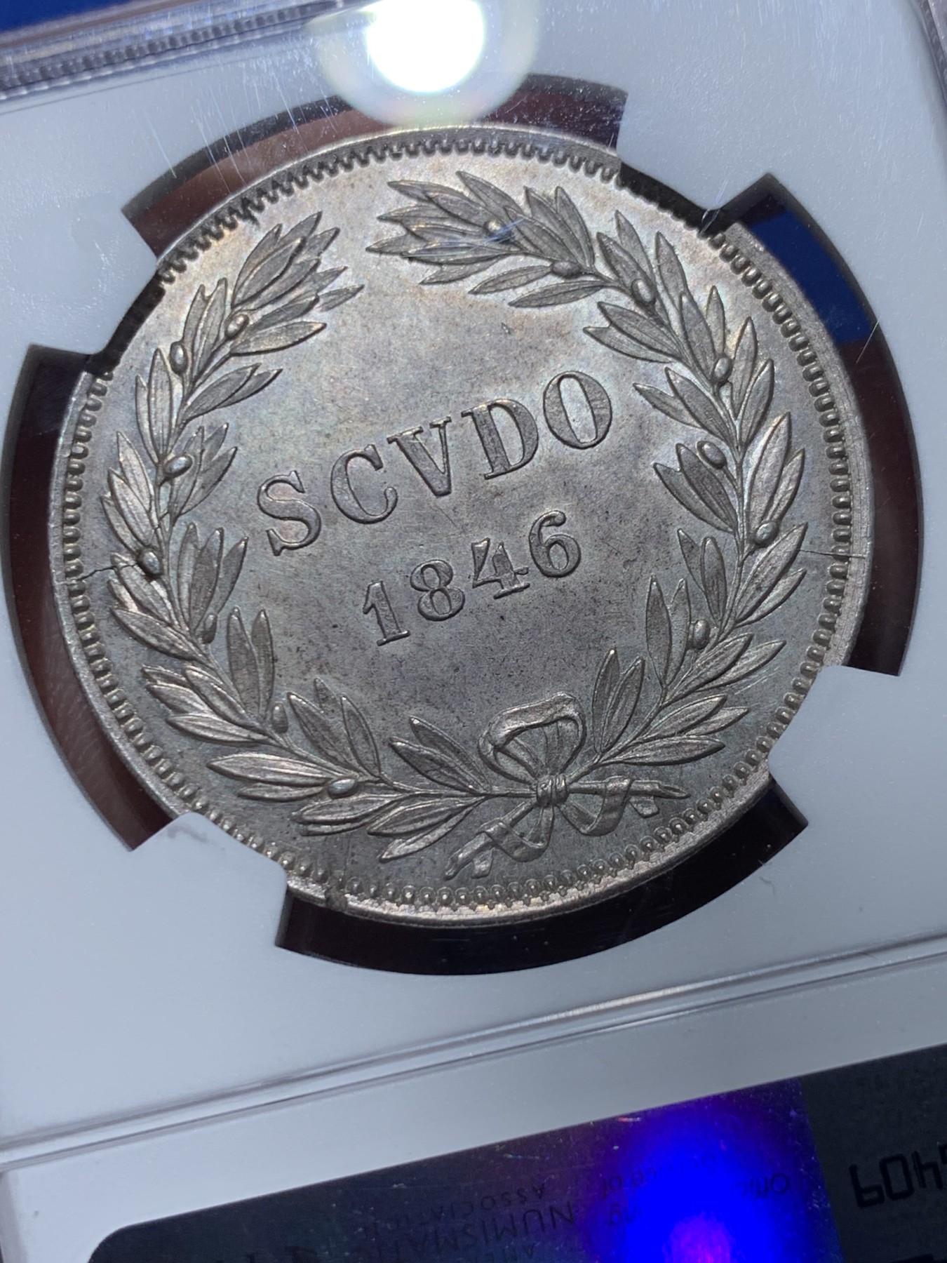 《竞宝斋》第257场-周日，周一 2场连拍 (全场包邮) NGC MS62 意大利 教皇国1846年格力高利十六世 1埃斯库多 少见的格力高利十六世，常见的都是庇护九世 PL镜面底板 ，银灰色包浆，非常漂亮