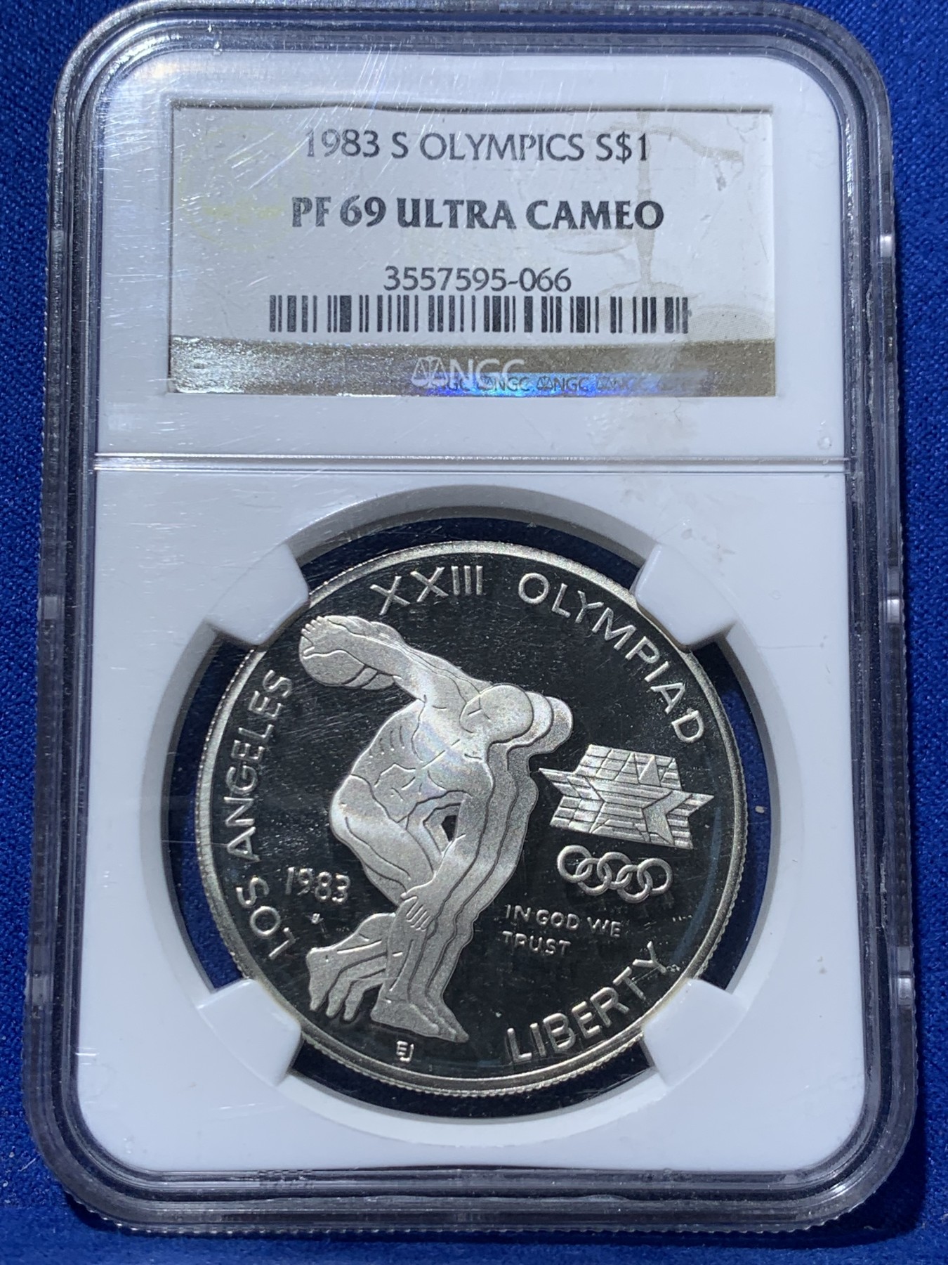 《竞宝斋》第257场-周日，周一 2场连拍 (全场包邮) NGC老评 PF69UC 美国1983奥运铁饼精制银币900银 85年克劳斯最佳硬币